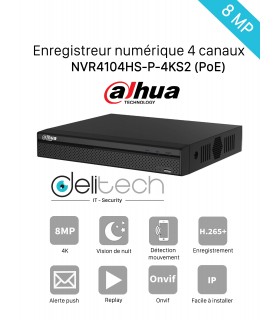 NVR DAHUA enregistreur 4 voies 8MP 4K IP/POE (DHI-NVR4104HS-P-4KS2)