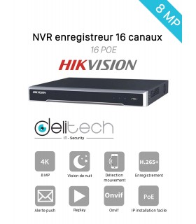 NVR Hikvision enregistreur 16 voies + 16 PoE 8M 4K IP DS-7616NI-K2/16P