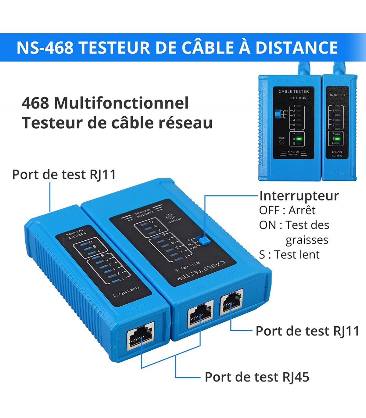 Testeur de Câbles Réseau électronique pas cher (RJ45 - RJ11), Accessoires  pour câble réseau