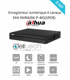 NVR DAHUA enregistreur 4 voies 8MP IP POE 2 HDD (DHI-NVR4204-P-4KS2)